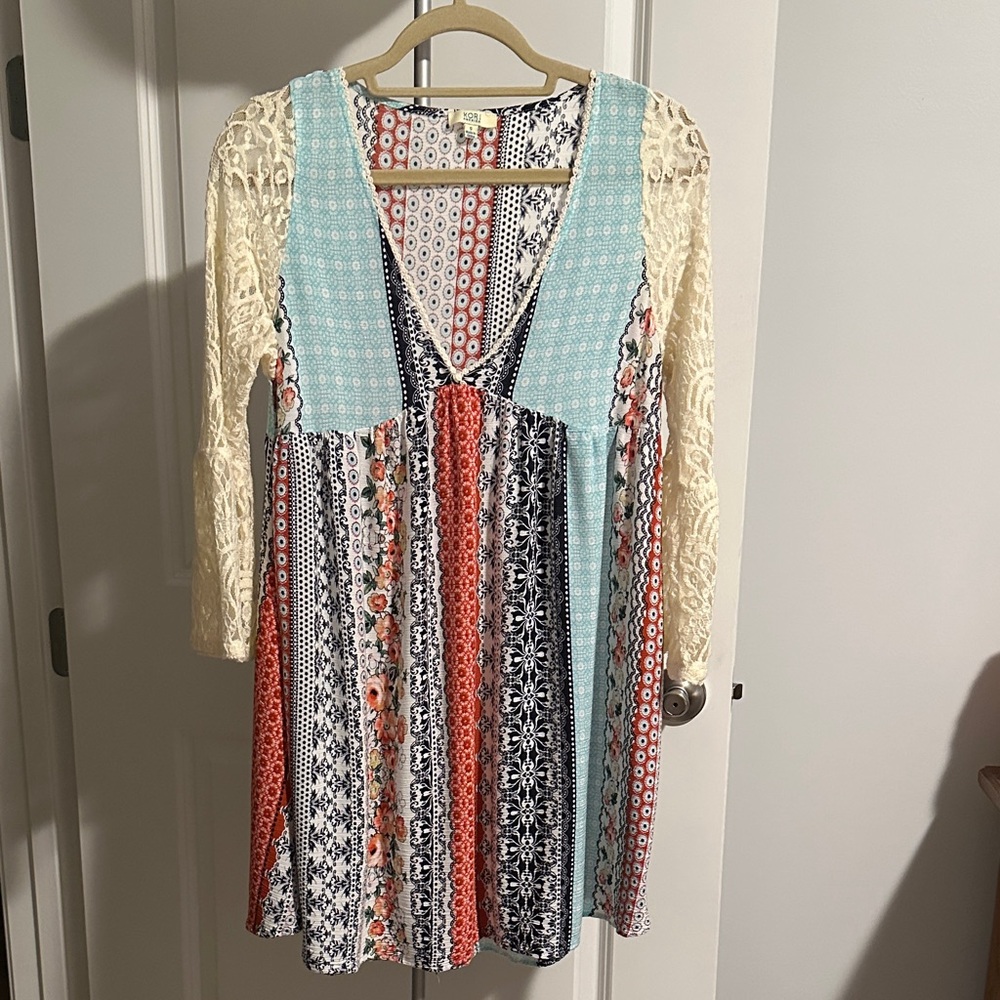 Kori America Multi-colored Mixed Media Print Swing Dress Lace Sleeves Sz S